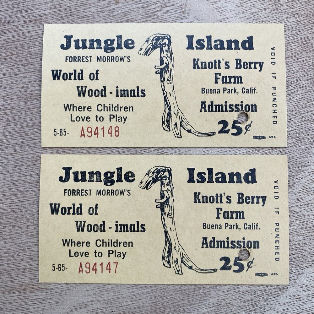 2 Knott's Berry Farm Jungle Island Buena Park CA Ticket Stubs 1965 Vintage
